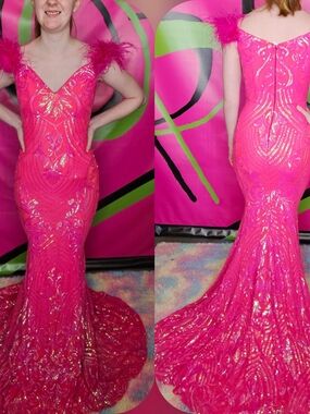 Jovani Hot Pink Sequin Feather-Trim Mermaid Gown